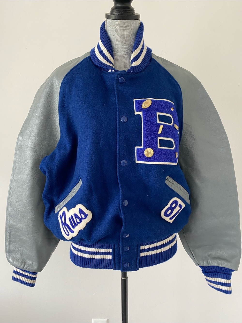 Vintage 80’ DeLONG Mens Varsity Letterman Jacket Wool Leather 46 L/XL Blue Grey